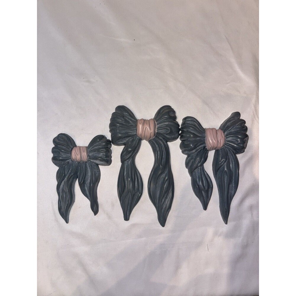 1991 Set of 3 Homco Blue & Pink Bows Home Interior Wall Hanging Decoration Vint